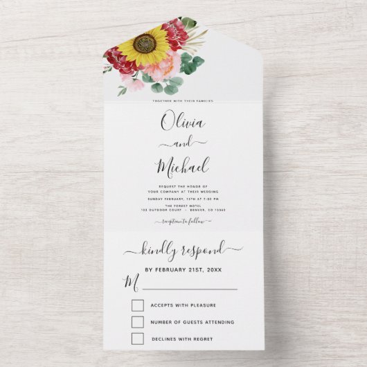 Zonnebloem Eucalyptus Land Weddenschap RSVP All In One Uitnodiging (Binnen)