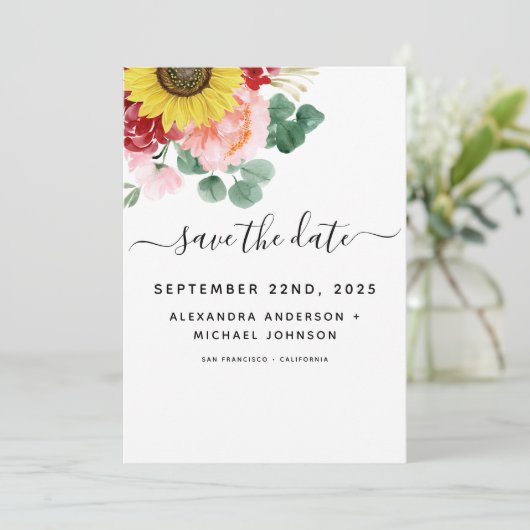 Zonnebloem Eucalyptus Landelijke Waterverf Trouwda Save The Date (Staand voorkant)