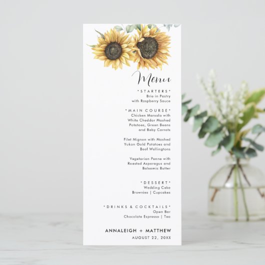Zonnebloem Eucalyptus Moderne bruiloft Menu (Staand voorkant)