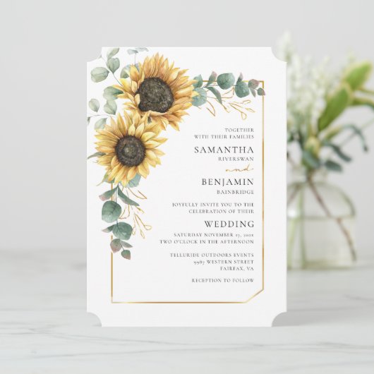 Zonnebloem Eucalyptus QR Code Alles-in-één bruilof Kaart (Staand voorkant)