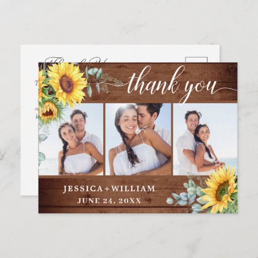 Zonnebloem Eucalyptus Rustic Hartelijk dank 3 FOTO Briefkaart (Voorkant / Achterkant)