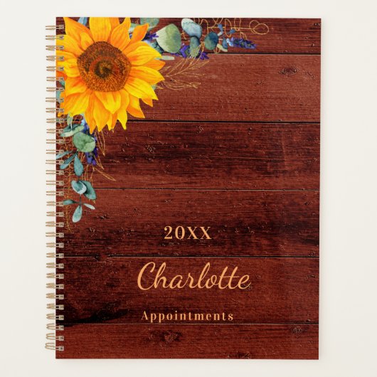 Zonnebloem eucalyptus rustiek hout monogram planner (Voorkant)