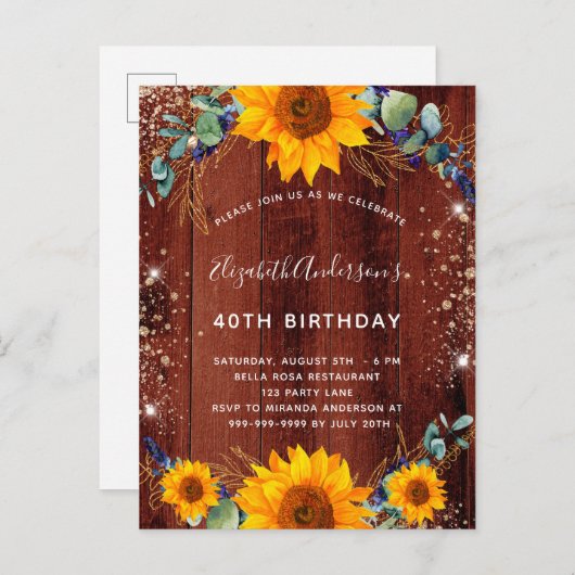 Zonnebloem Eucalyptus rustisch bruin hout Uitnodiging Briefkaart (Voorkant / Achterkant)