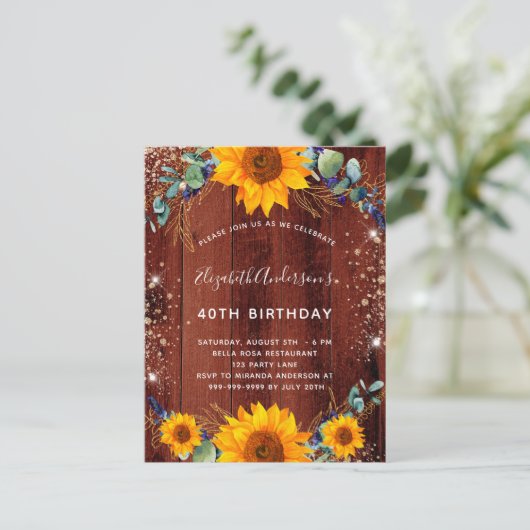 Zonnebloem Eucalyptus rustisch bruin hout Uitnodiging Briefkaart (Staand voorkant)