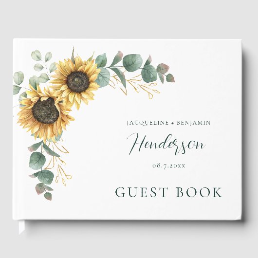 Zonnebloem Eucalyptus Script Bloem Bruiloft Gastenboek (Voorkant)