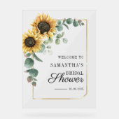 Zonnebloem Eucalyptus Script Bruiloft Feest Welkom Acryl Bord (Voorkant)