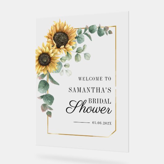 Zonnebloem Eucalyptus Script Bruiloft Feest Welkom Acryl Bord (Hoek)