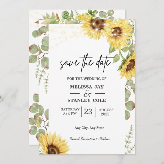 Zonnebloem Eucalyptus String Lights Weddenschap Save The Date (Voorkant / Achterkant)