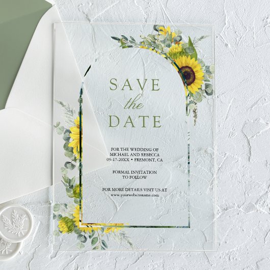 Zonnebloem Eucalyptus Trouw Save the Date Acryl Uitnodigingen