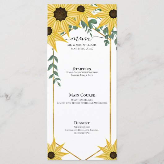 Zonnebloem Eucalyptus Waterverf Geel Bloemmotief Menu (Voorkant)