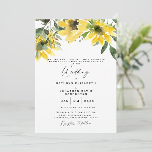 Zonnebloem Eucalyptus Waterverf & Geel Kaart (Staand voorkant)