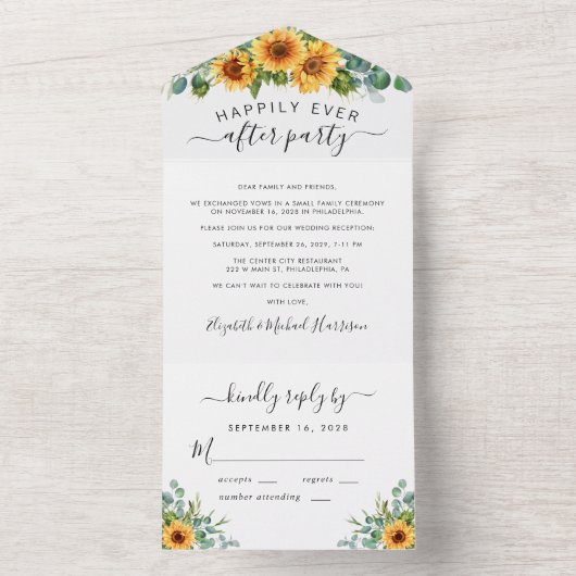 Zonnebloem Eucalyptus Waterverf Trouwreceptie All In One Uitnodiging (Binnen)