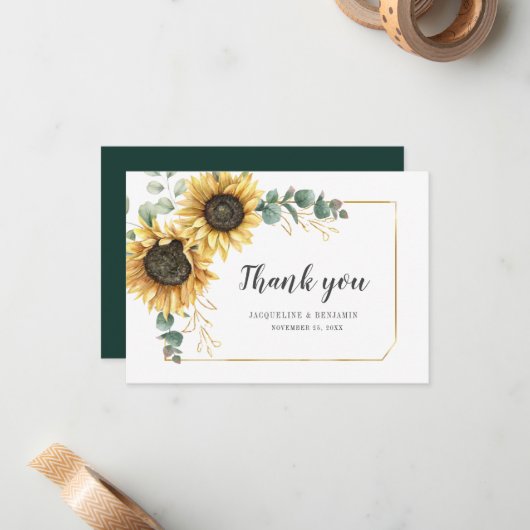 Zonnebloem Eucalyptus Weddendag Floral bedankt Notitiekaartje (Voorkant / Achterkant in situ)
