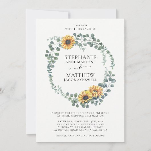 Zonnebloem Eucalyptusbladeren Moderne bruiloft Kaart (Voorkant)