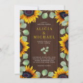 Zonnebloem, eucalyptusbruinrode, rustige houtbruil kaart (Voorkant)