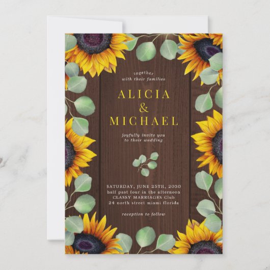 Zonnebloem, eucalyptusbruinrode, rustige houtbruil kaart (Voorkant)