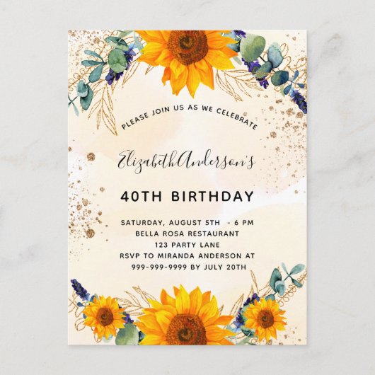 Zonnebloem Eucalyptusglitter Uitnodiging Briefkaart (Voorkant)