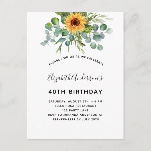 Zonnebloem Eucalyptusgroen Uitnodiging Briefkaart (Voorkant)