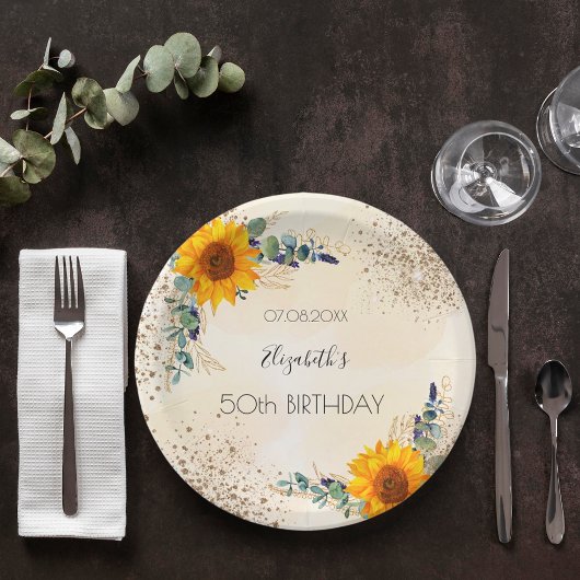 Zonnebloem Eucalyptusgroene glitter Papieren Bordje