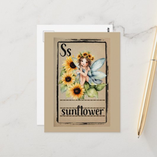 Zonnebloem Fee Briefkaart (Voorkant / Achterkant in situ)