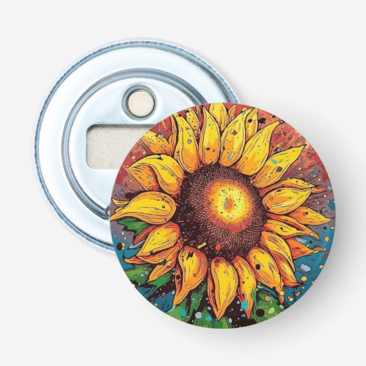 Zonnebloem flesopener. Bloem. kleurrijk Button Flesopener (Voorkant)