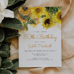 Zonnebloem Floral 80th Birthday Party Kaart<br><div class="desc">Deze elegante 80e verjaardagsuitnodiging bevat een florale bovenrand van gele zonnebloemen en groene bladeren. . De woorden "80th Birthday" en de naam van de gast van eer verschijnen in oranje-geel casual handschrift manuscript, met de rest van de klantgerichte tekst in kool grijze sans serif doopvont. Het bloemontwerp wordt aan de...</div>