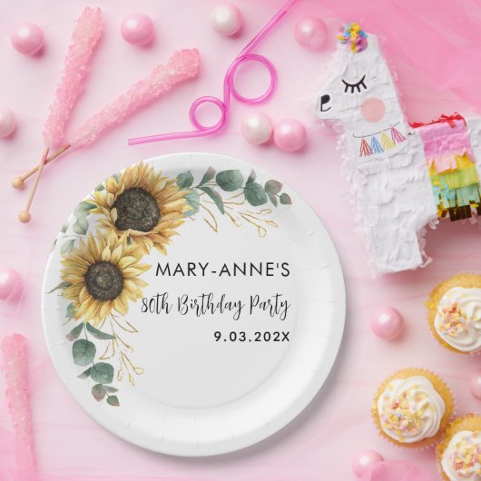 Zonnebloem Floral 80th Birthday Party Papieren Bordje (Feest)
