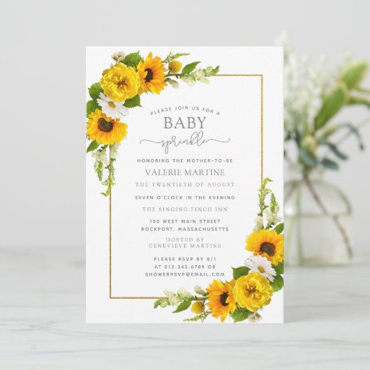 Zonnebloem Floral Baby Sprinkle Uitnodiging (Staand voorkant)