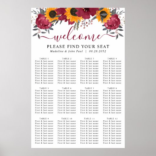 Zonnebloem Floral Burgundy Wedding Seating Charts Poster (Voorkant)