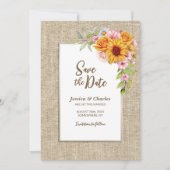 Zonnebloem Floral Burlap bruiloft Save The Date (Voorkant)