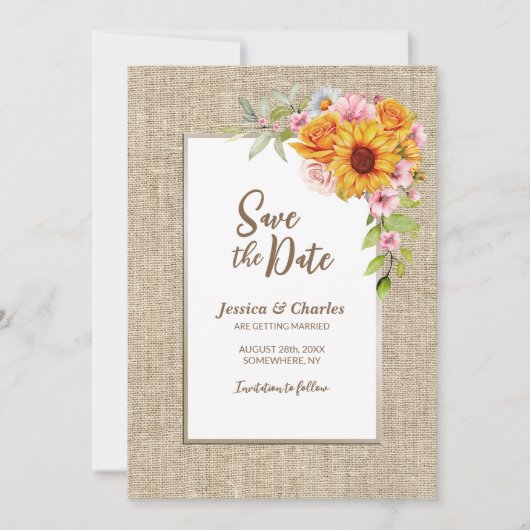 Zonnebloem Floral Burlap bruiloft Save The Date (Voorkant)