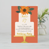 Zonnebloem Floral Cake Verjaardagsfeest Goud Folie Uitnodiging (Staand Voorkant)