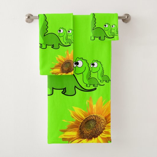 Zonnebloem Floral Dinosaur Green Bath Bad Handdoek (Insitu)