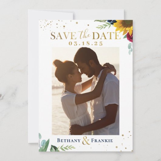 Zonnebloem Floral Glitter Foto slaat de datum op Save The Date (Voorkant)