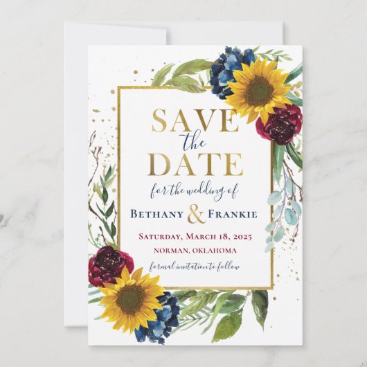 Zonnebloem Floral Glitter Foto slaat de datum op Save The Date (Achterkant)