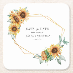 Zonnebloem Floral Gold Geometric Save the Date Kartonnen Onderzetters