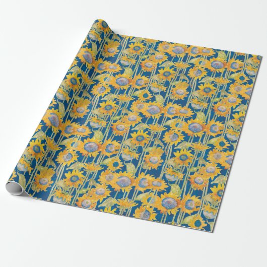 Zonnebloem Floral Pattern Blue Cadeaupapier (Uitgerold)