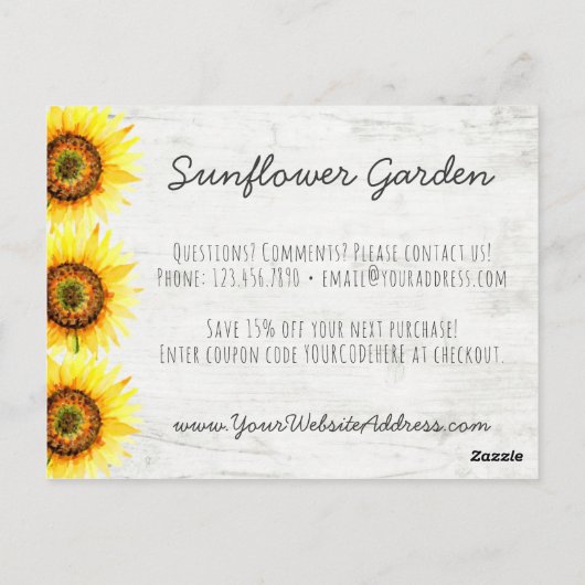 Zonnebloem Floral & Rustic Wood  Dank u Briefkaart (Achterkant)