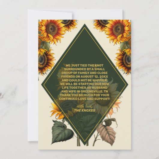 Zonnebloem Forest Green & Gold Wedding Aankondigin Kaart (Achterkant)