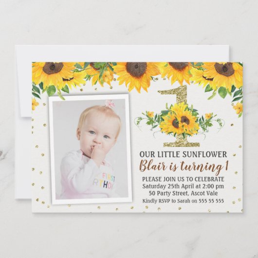 Zonnebloem foto eerste verjaardag uitnodiging meis (Voorkant)