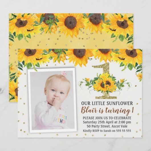 Zonnebloem foto eerste verjaardag uitnodiging meis (Voorkant / Achterkant)