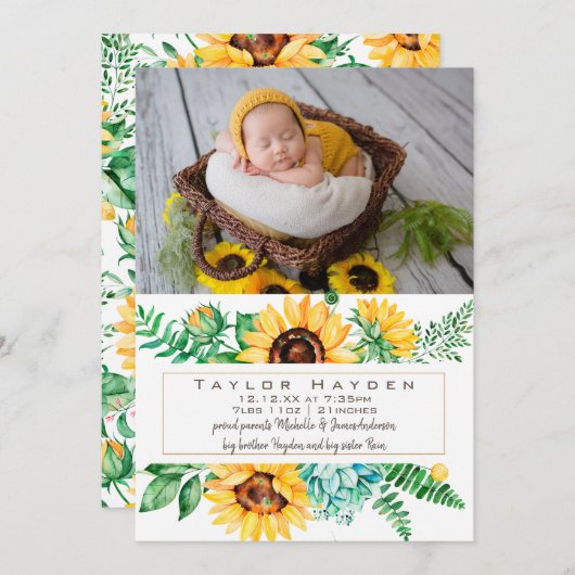Zonnebloem Foto geboorteaankondiging Aankondiging (Voorkant / Achterkant)