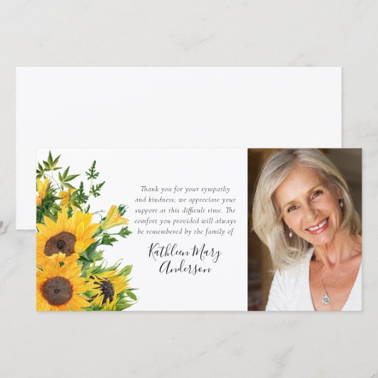 Zonnebloem Foto Rouwplechtigheid Bedankkaart (Voorkant / Achterkant)