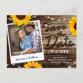 Zonnebloem Foto Rustiek Houten Bruiloft Save the D Aankondigingskaart