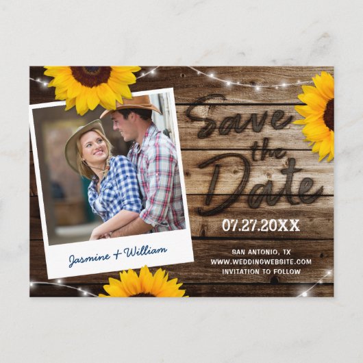Zonnebloem Foto Rustiek Houten Bruiloft Save the D Aankondigingskaart (Voorkant)