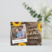 Zonnebloem Foto Rustiek Houten Bruiloft Save the D Aankondigingskaart (Staand voorkant)