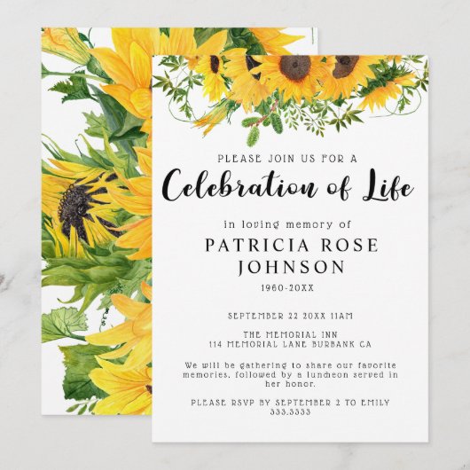Zonnebloem Funeral Celebration of Life Announcemen Kaart (Voorkant / Achterkant)