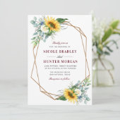 zonnebloem , geborgunde geometrische bruiloft kaart (Staand voorkant)