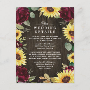 Zonnebloem Gedekte en Burgundy Red Rose Wedding Informatiekaartje