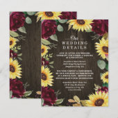 Zonnebloem Gedekte en Burgundy Red Rose Wedding Informatiekaartje (Voorkant / Achterkant)